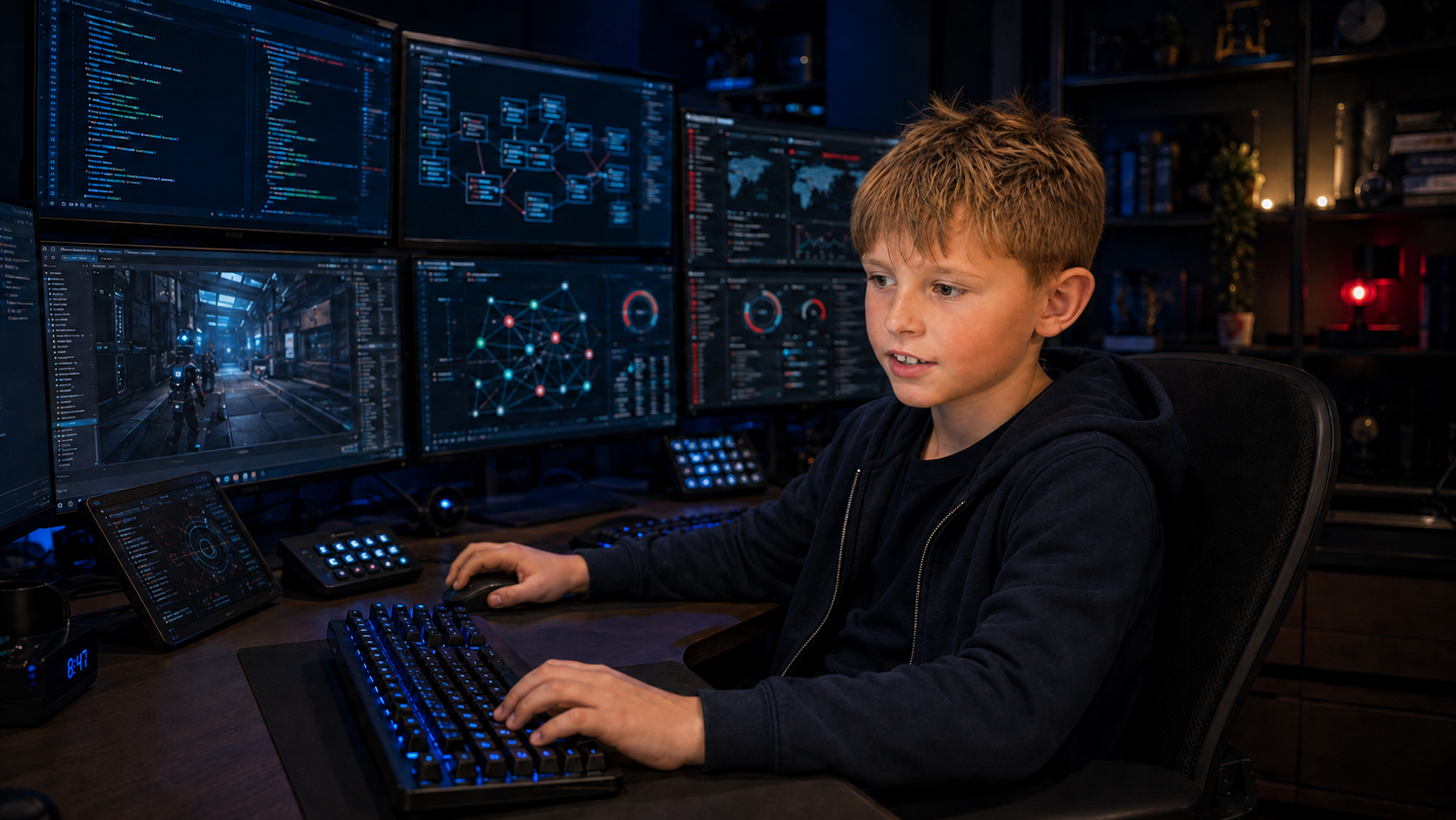 Gavin working at his coding workstation